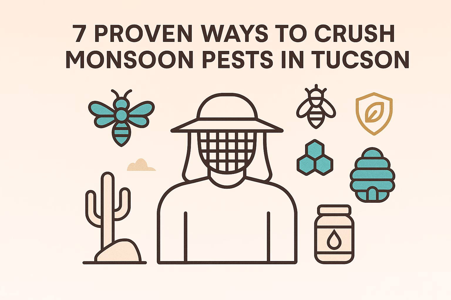 7 proven ways to crush monsoon pests in Tucson, featuring a figure in a hat and various pest-related icons.