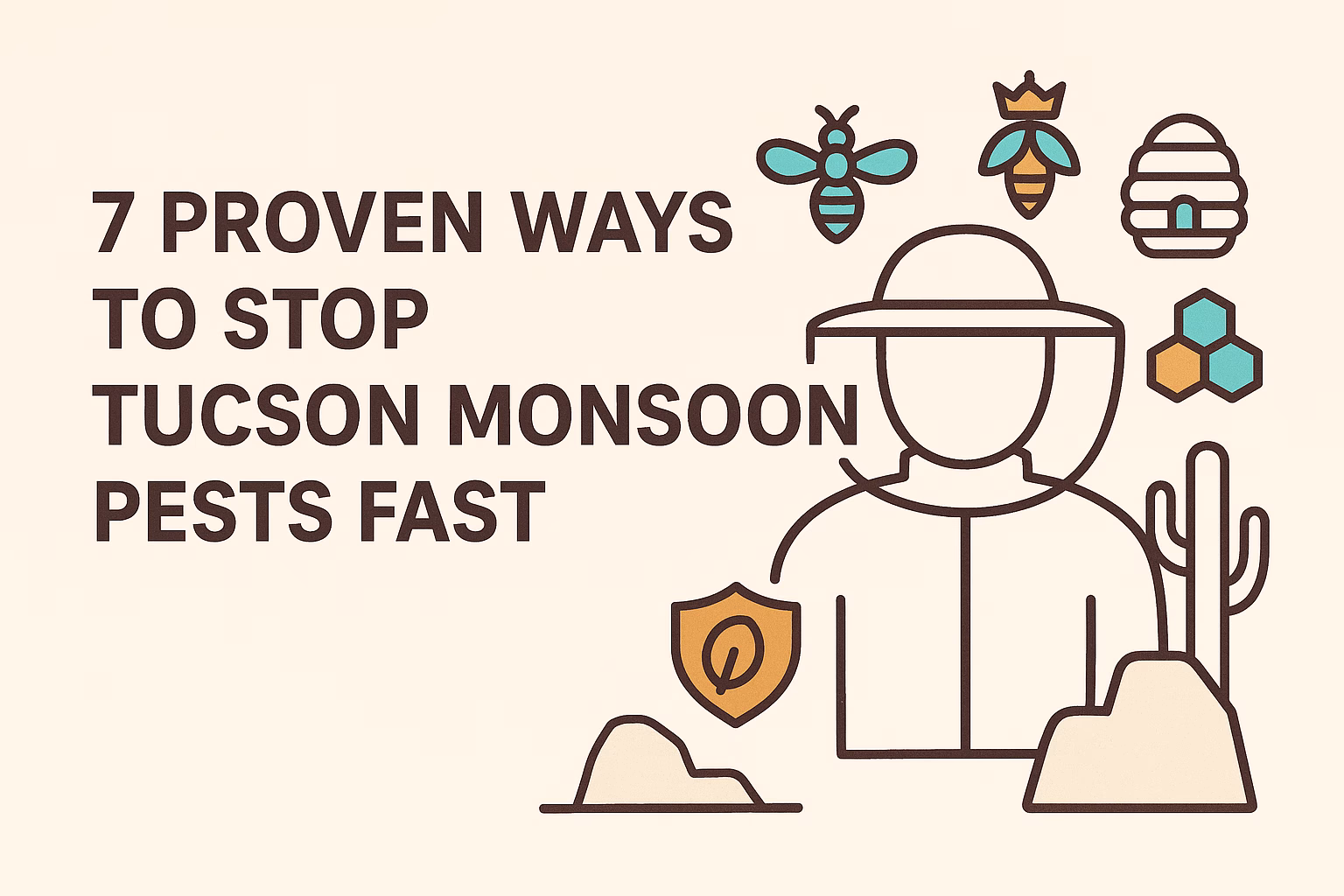 7 proven ways to stop Tucson monsoon pests fast, featuring a hat-wearing figure and symbols of bees and cacti.