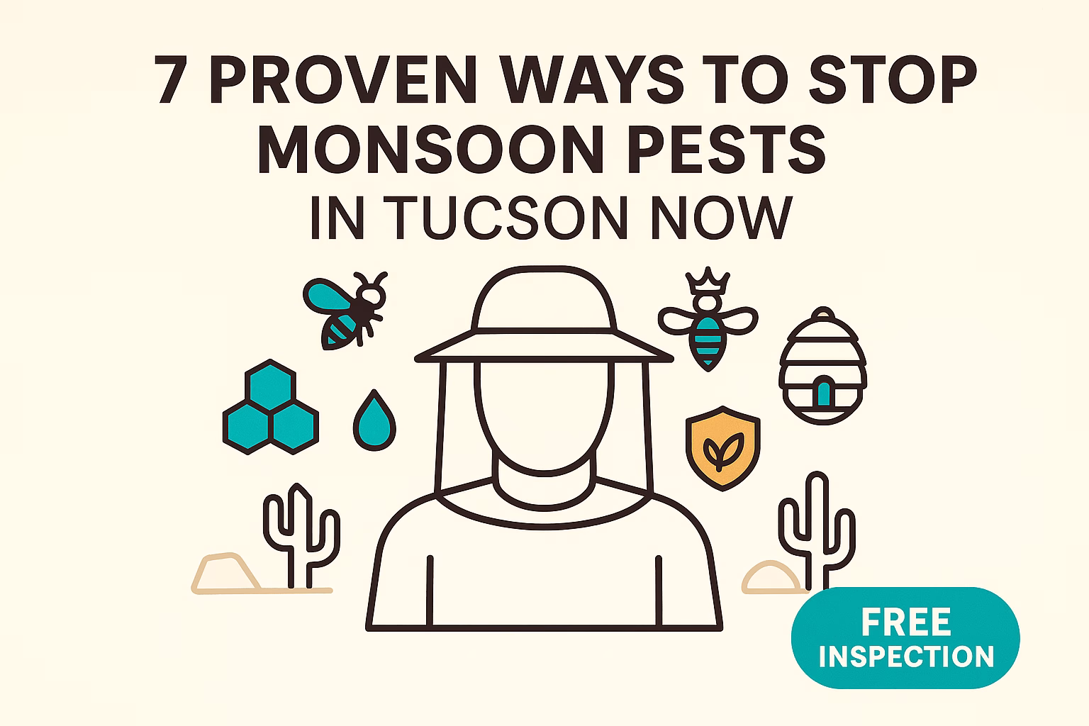 7 ways to stop monsoon pests in Tucson, featuring a person with a hat and related graphics like bees, water, and cacti.