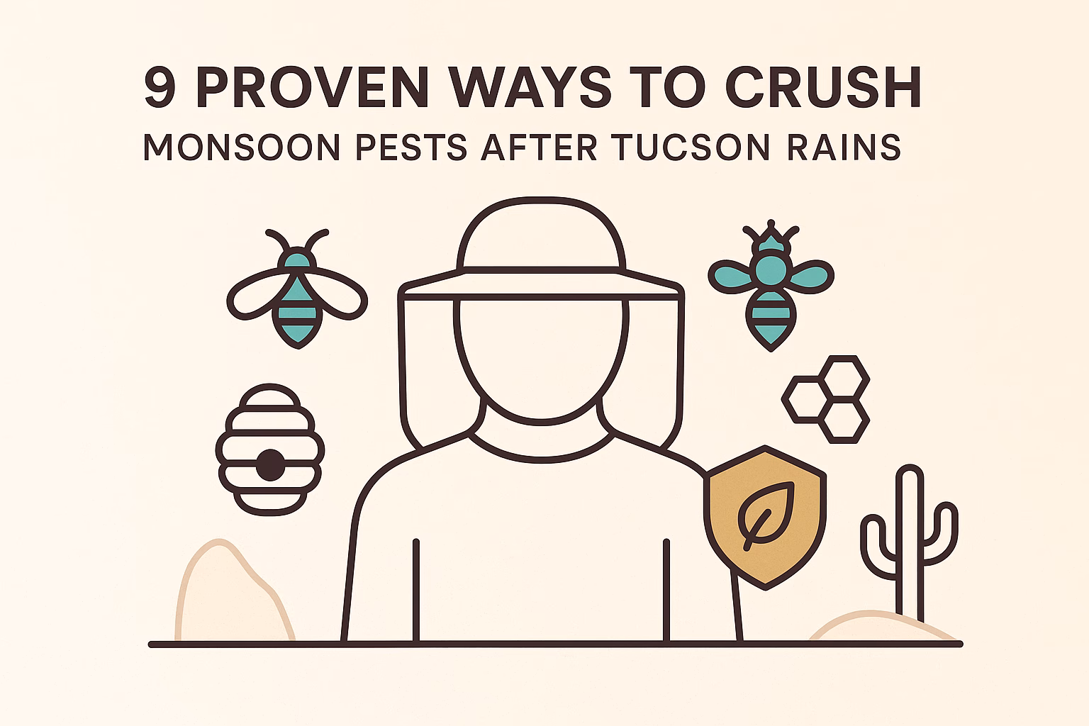 9 ways to control monsoon pests after Tucson rains, featuring an outlined figure with bees and a cactus.
