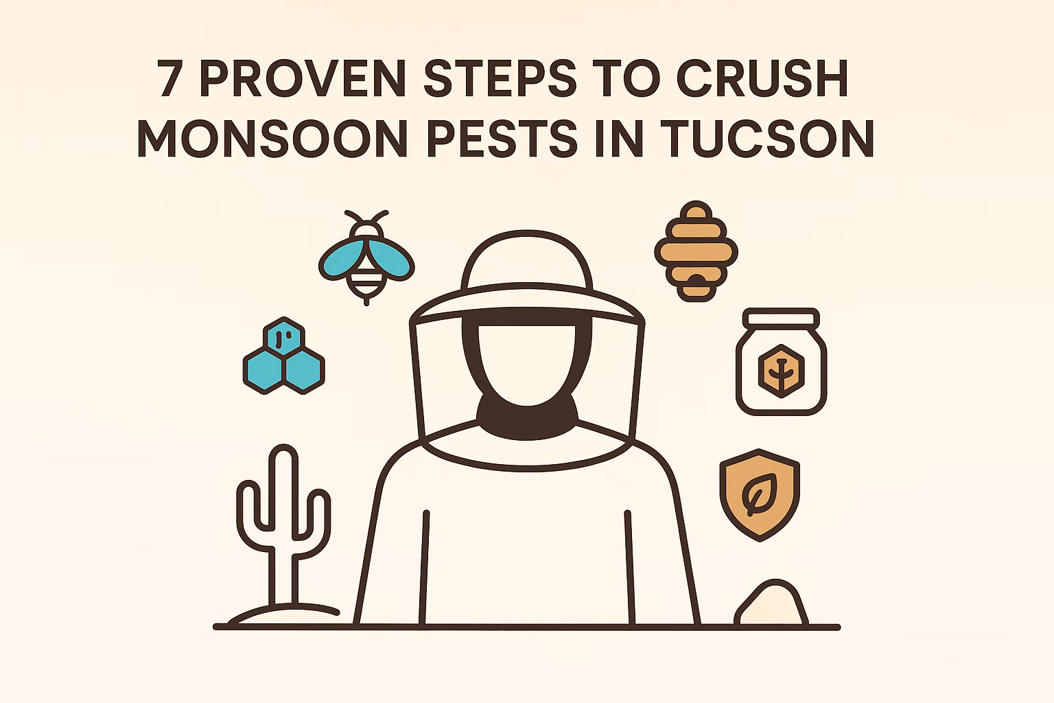 7 proven steps to crush monsoon pests in Tucson; icons of a beekeeper, bees, desert plants, and pest control items.