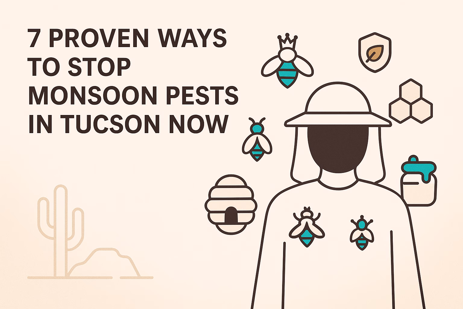 7 ways to stop monsoon pests in Tucson, featuring a person in protective gear with bees and a cactus illustration.