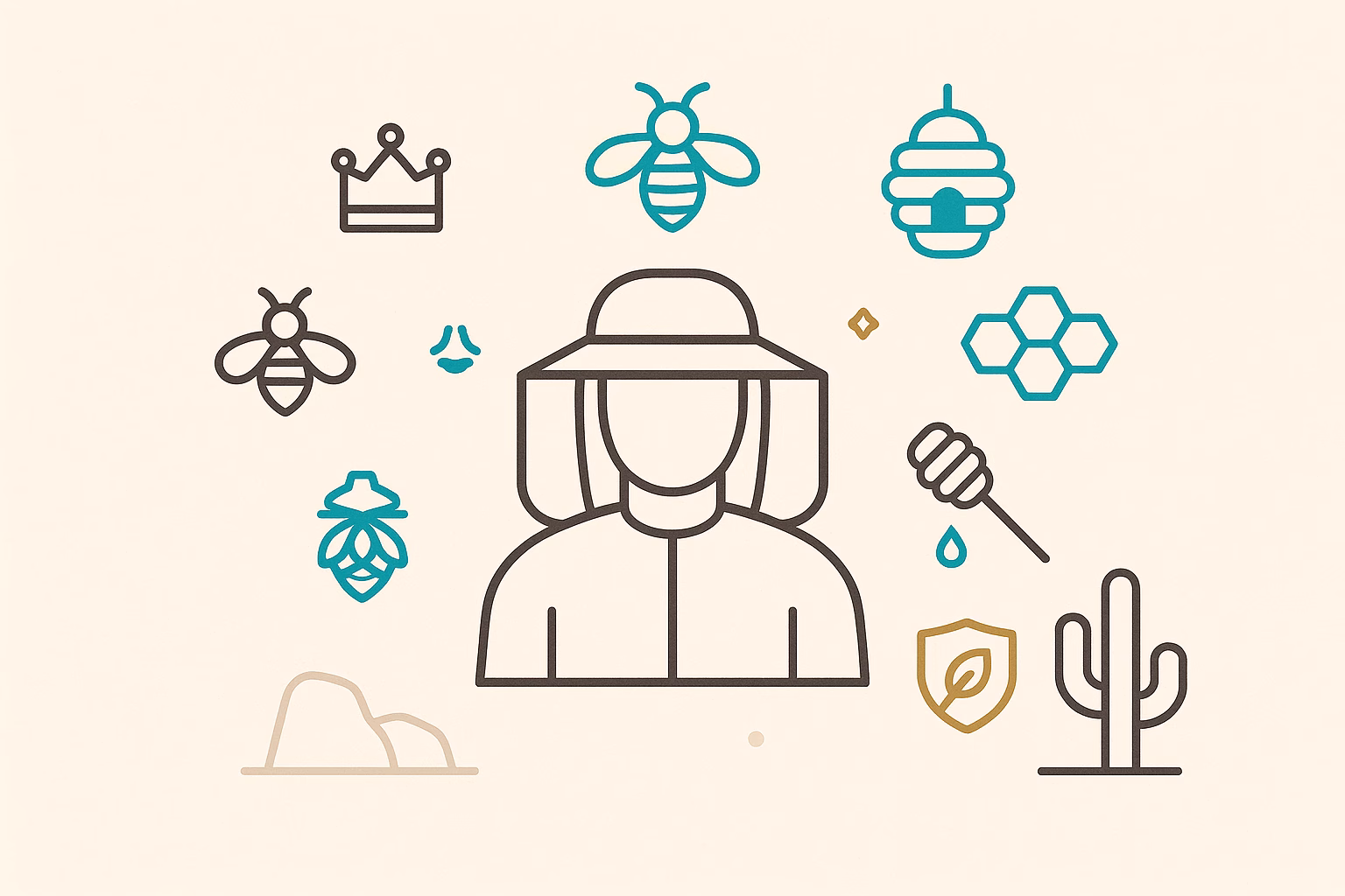 Illustration of a person with a hat surrounded by icons representing monsoon pests, honey, and desert elements.