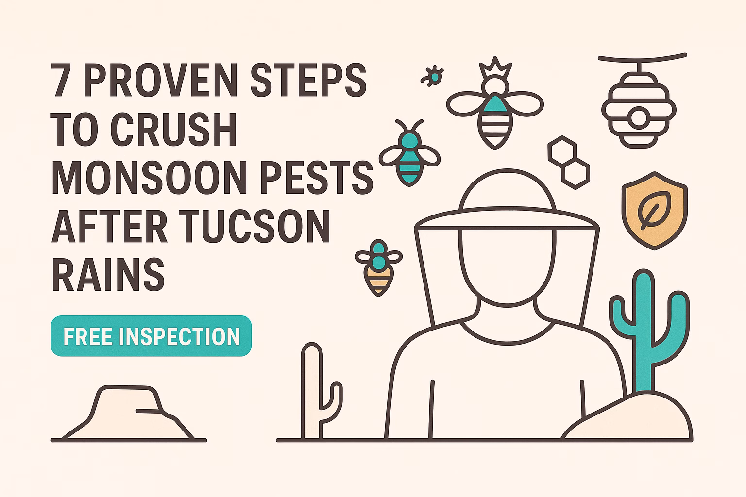 7 steps to eliminate monsoon pests after Tucson rains, featuring a person and various pest illustrations. Free inspection offer.