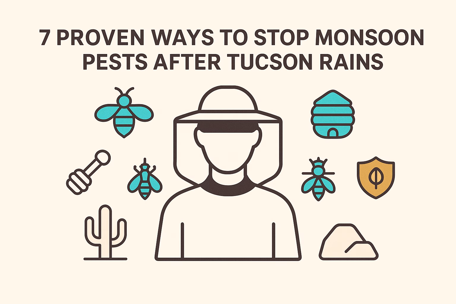 7 ways to stop monsoon pests, featuring a person in a hat and icons of bees, a hive, a desert cactus, and a shield.