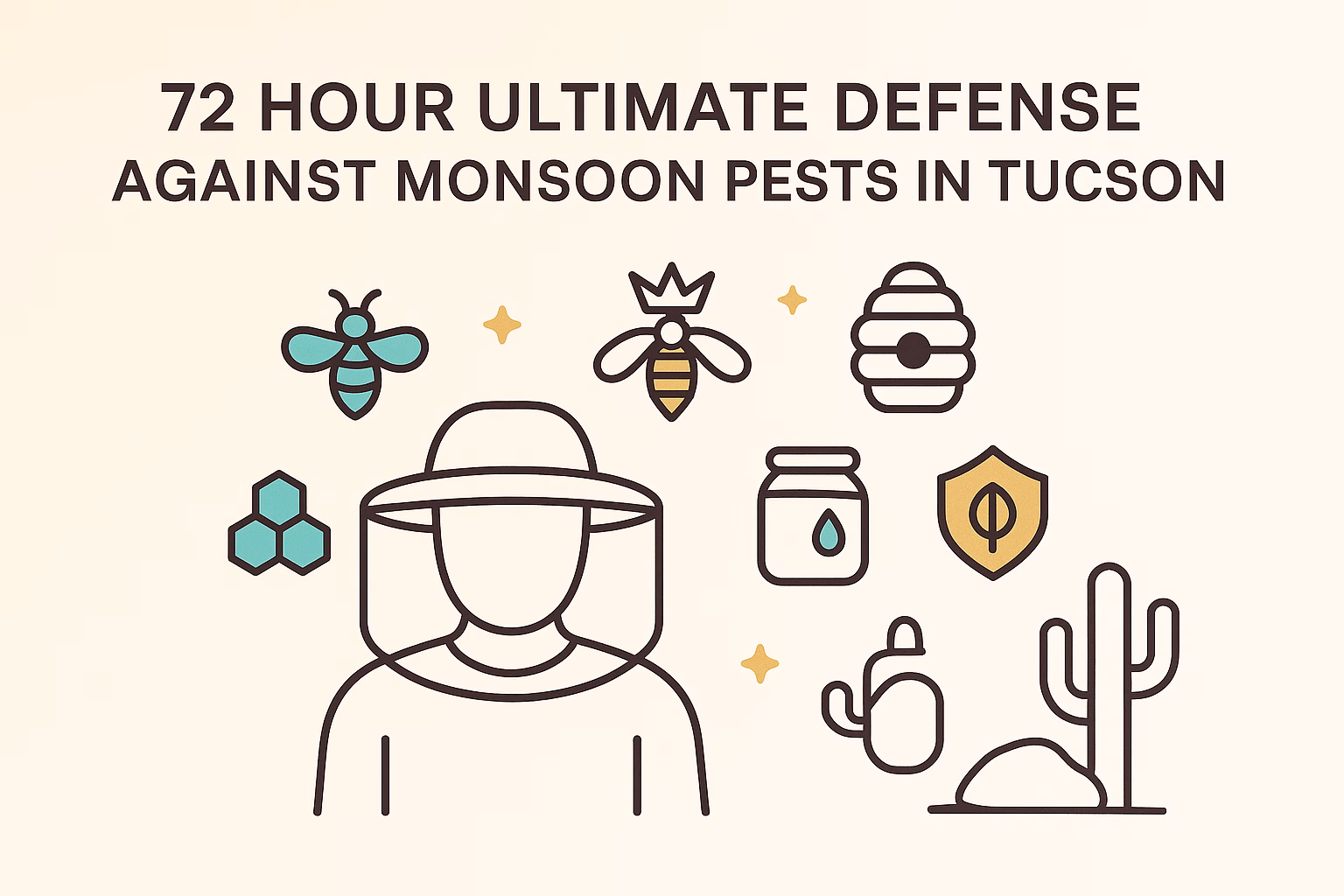 72-hour ultimate defense against monsoon pests features bees, a beekeeper, honey, and desert elements in Tucson.