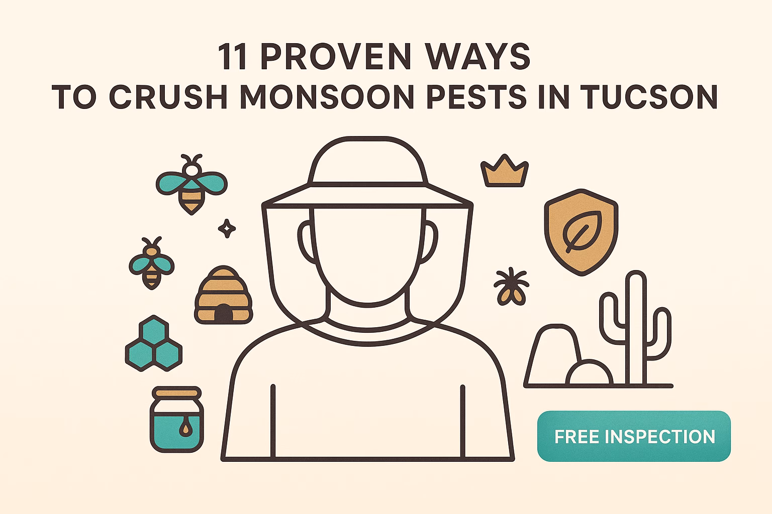11 proven strategies to tackle monsoon pests in Tucson, featuring bees, a cactus, and a free inspection offer.