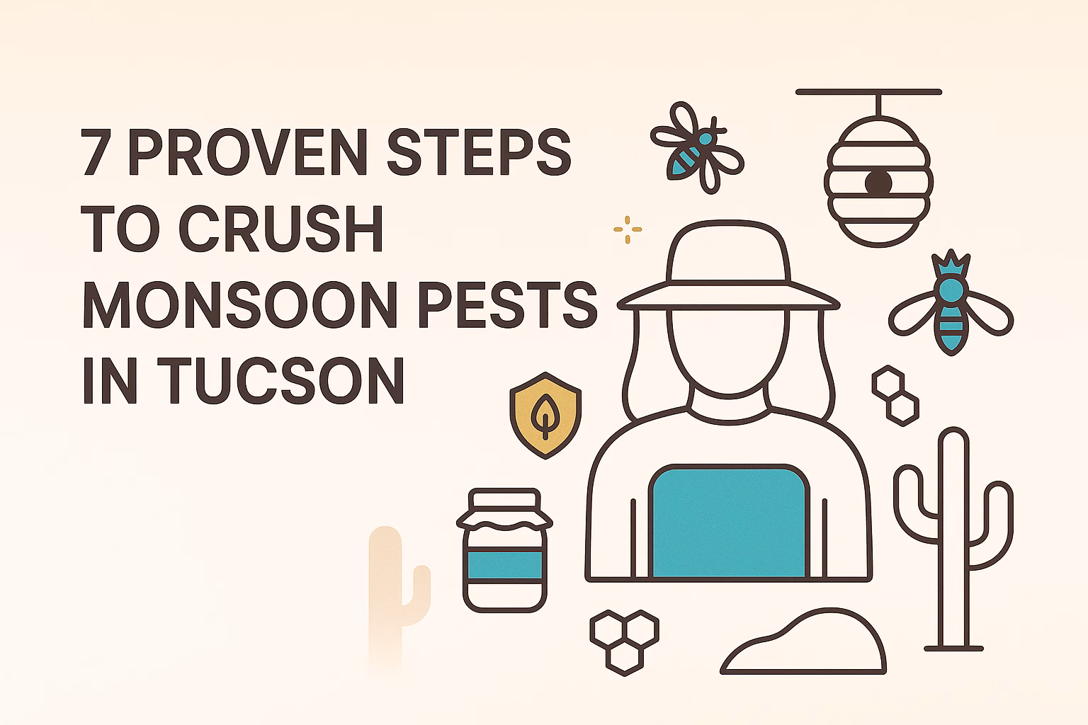 7 steps to eliminate monsoon pests in Tucson, featuring a person, bees, a jar, and a cactus illustration.