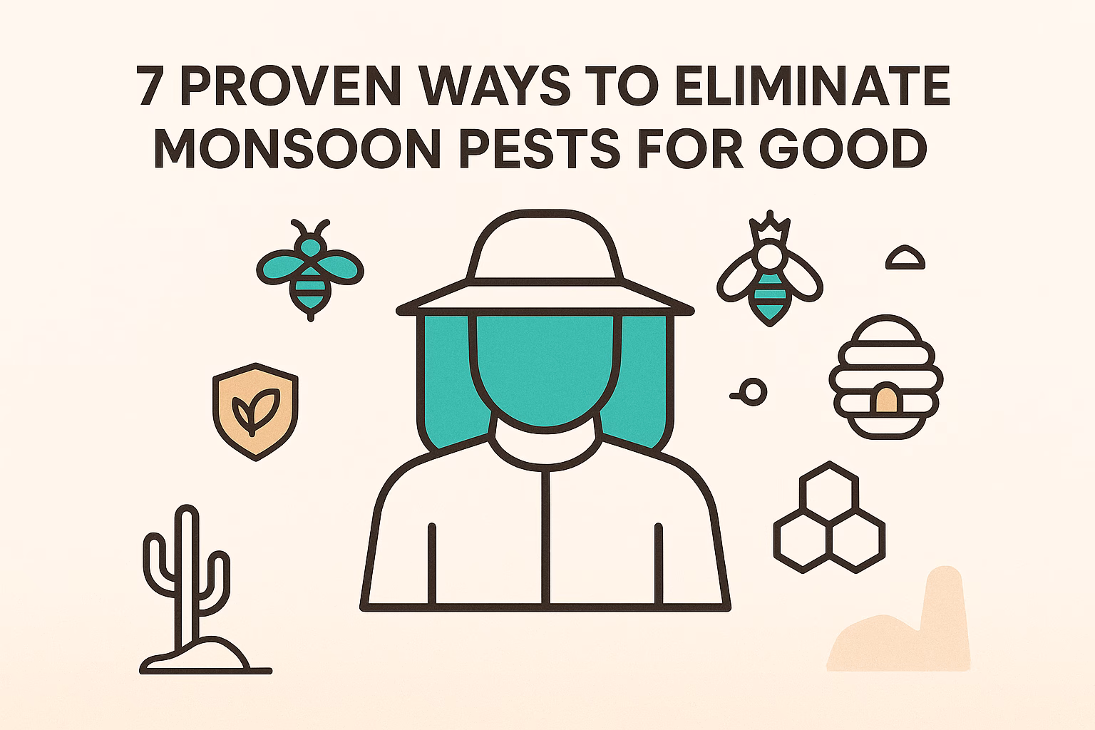 7 proven methods to eliminate monsoon pests, featuring a figure with a hat surrounded by pest-related icons.