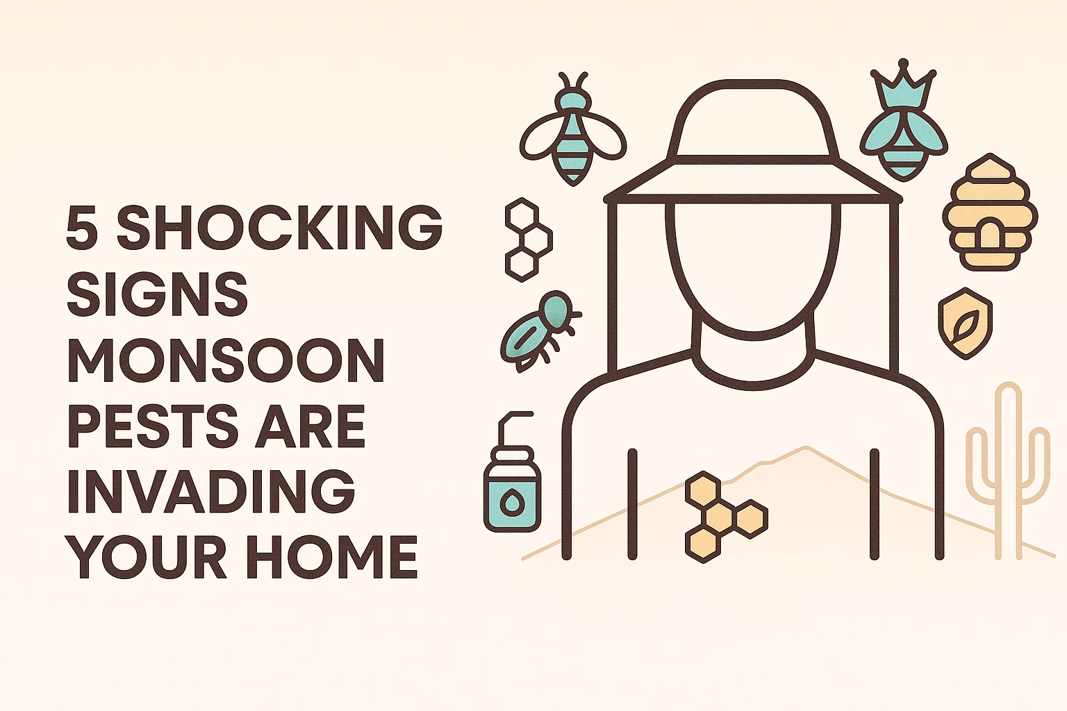 5 signs indicating monsoon pests are invading your home, with illustrated elements like bees and a desert landscape.