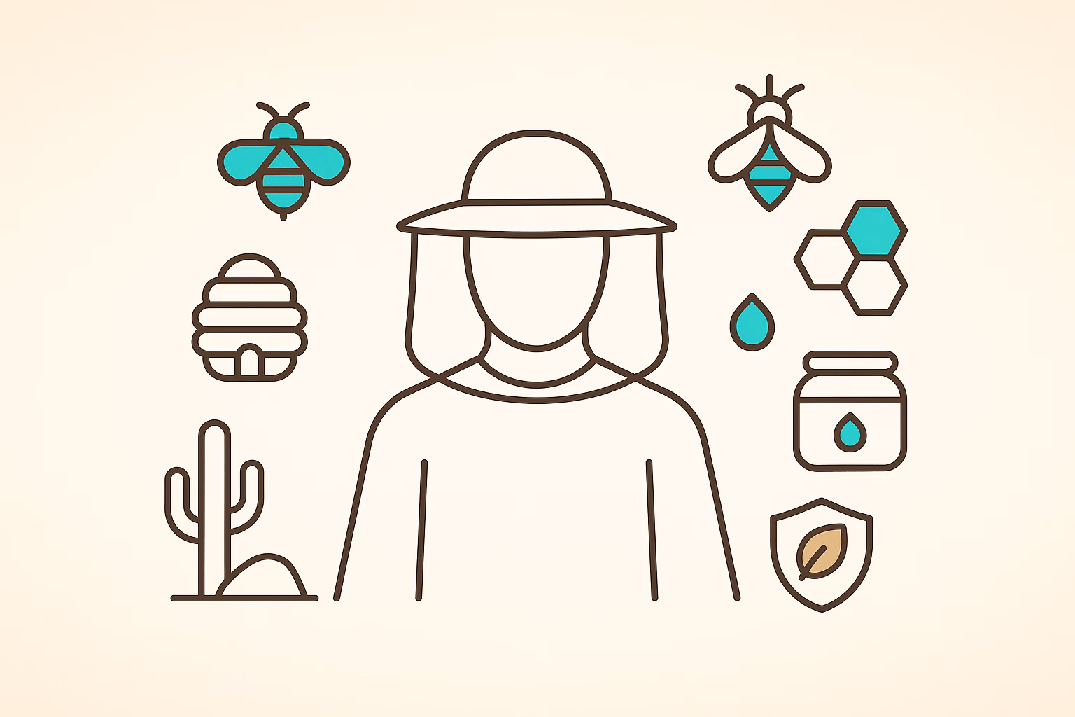 Person in a sun hat surrounded by bees, honeycomb, water drops, a cactus, and symbols related to monsoon pests.