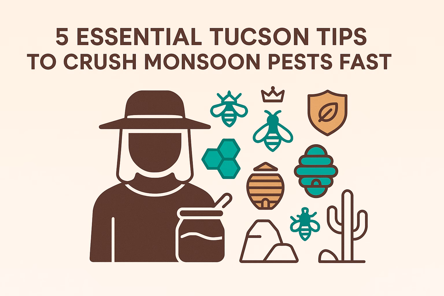 5 tips on managing monsoon pests with illustrations of a person, bees, and desert elements.