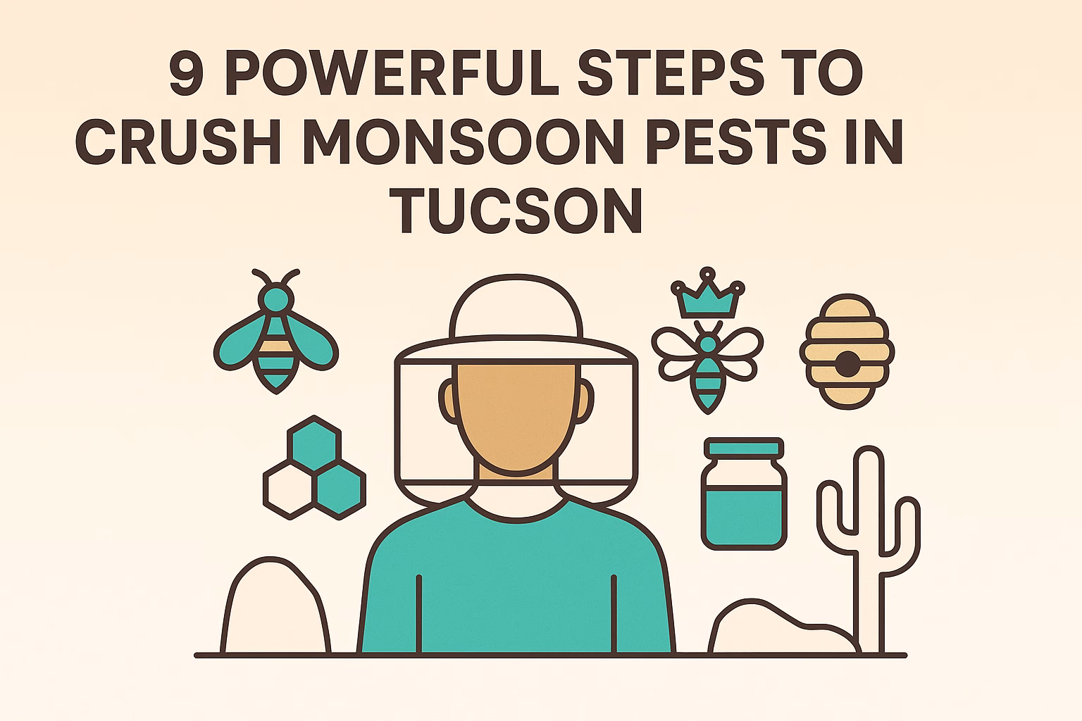 9 steps to combat monsoon pests in Tucson with icons of bees, a beekeeper, and desert elements.