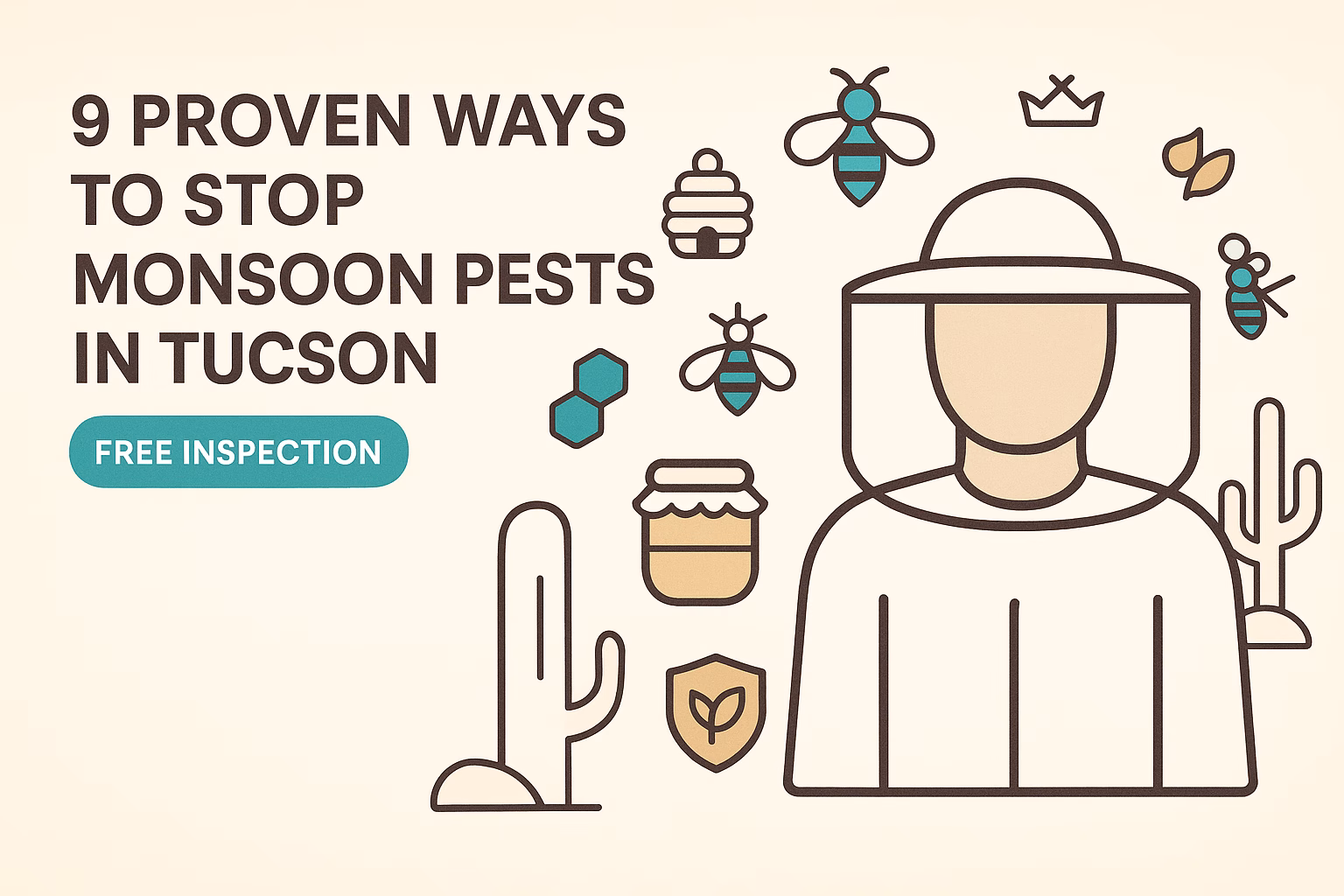 9 ways to stop monsoon pests in Tucson; includes a beekeeper and desert elements, with a call for a free inspection.