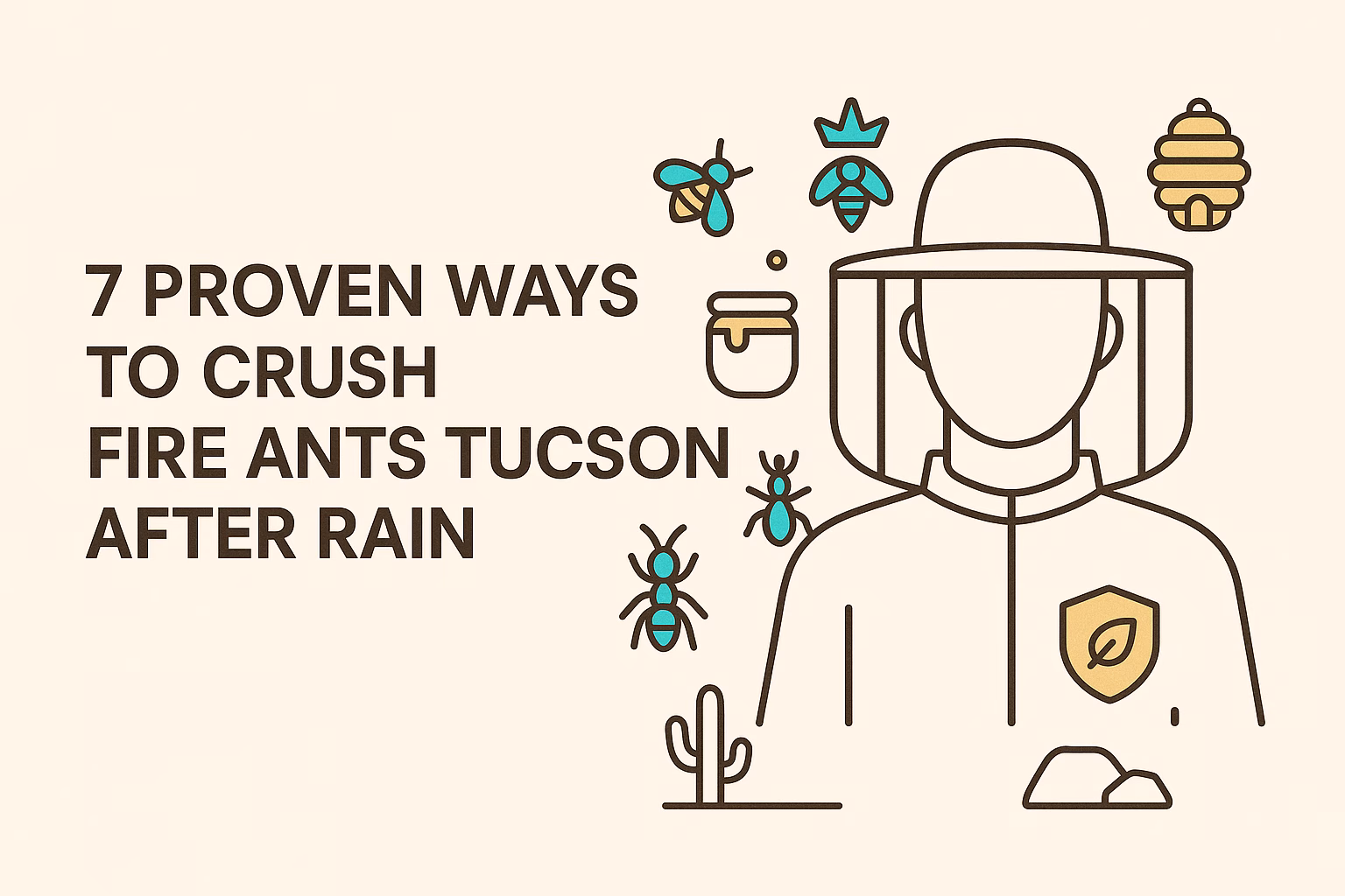 7 proven ways to crush fire ants Tucson after rain with illustrations of ants, bees, and a person in protective gear.