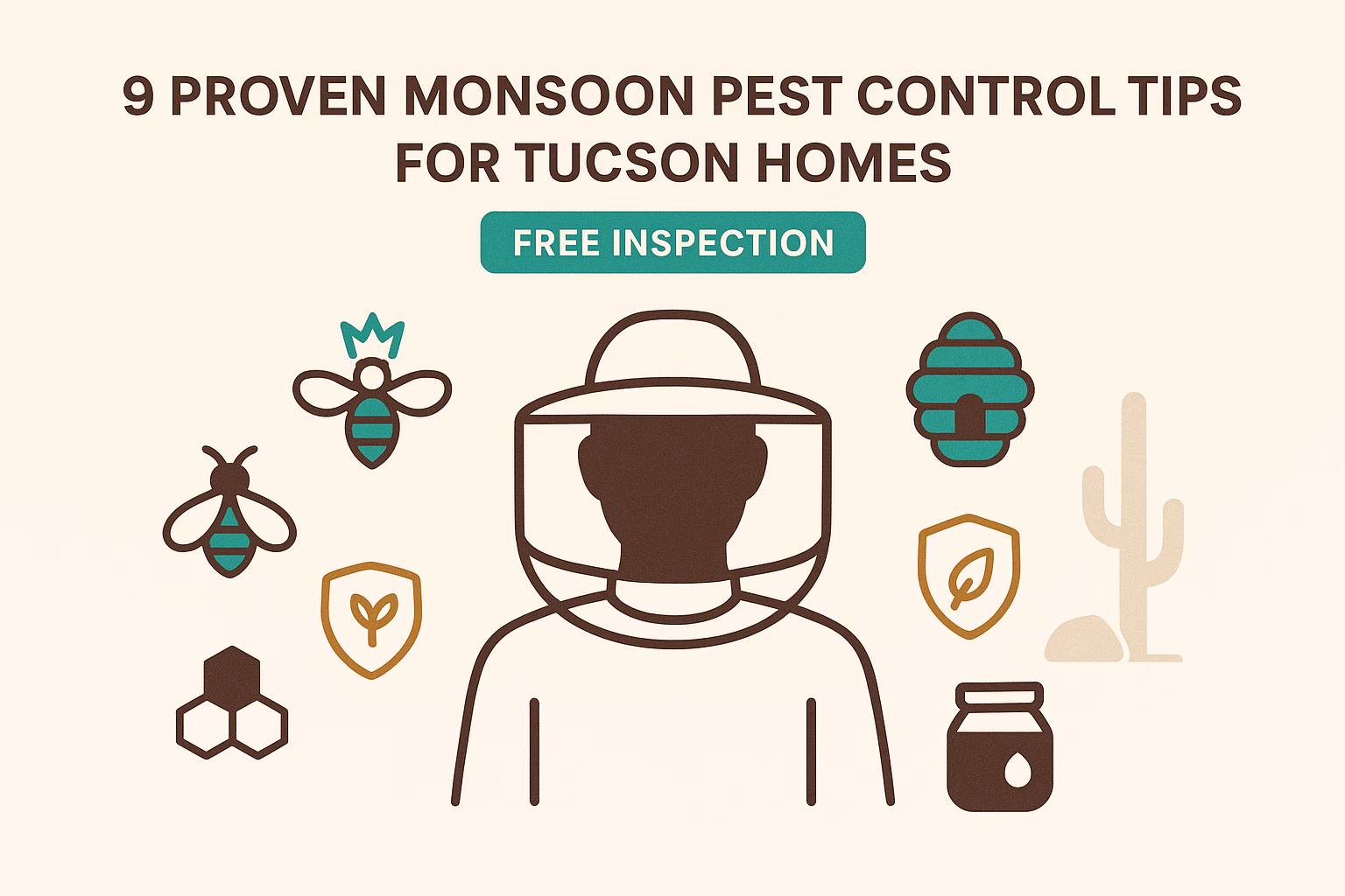 9 proven monsoon pest control tips for Tucson homes with icons of bees, a beekeeper, and desert elements. Free inspection offered.
