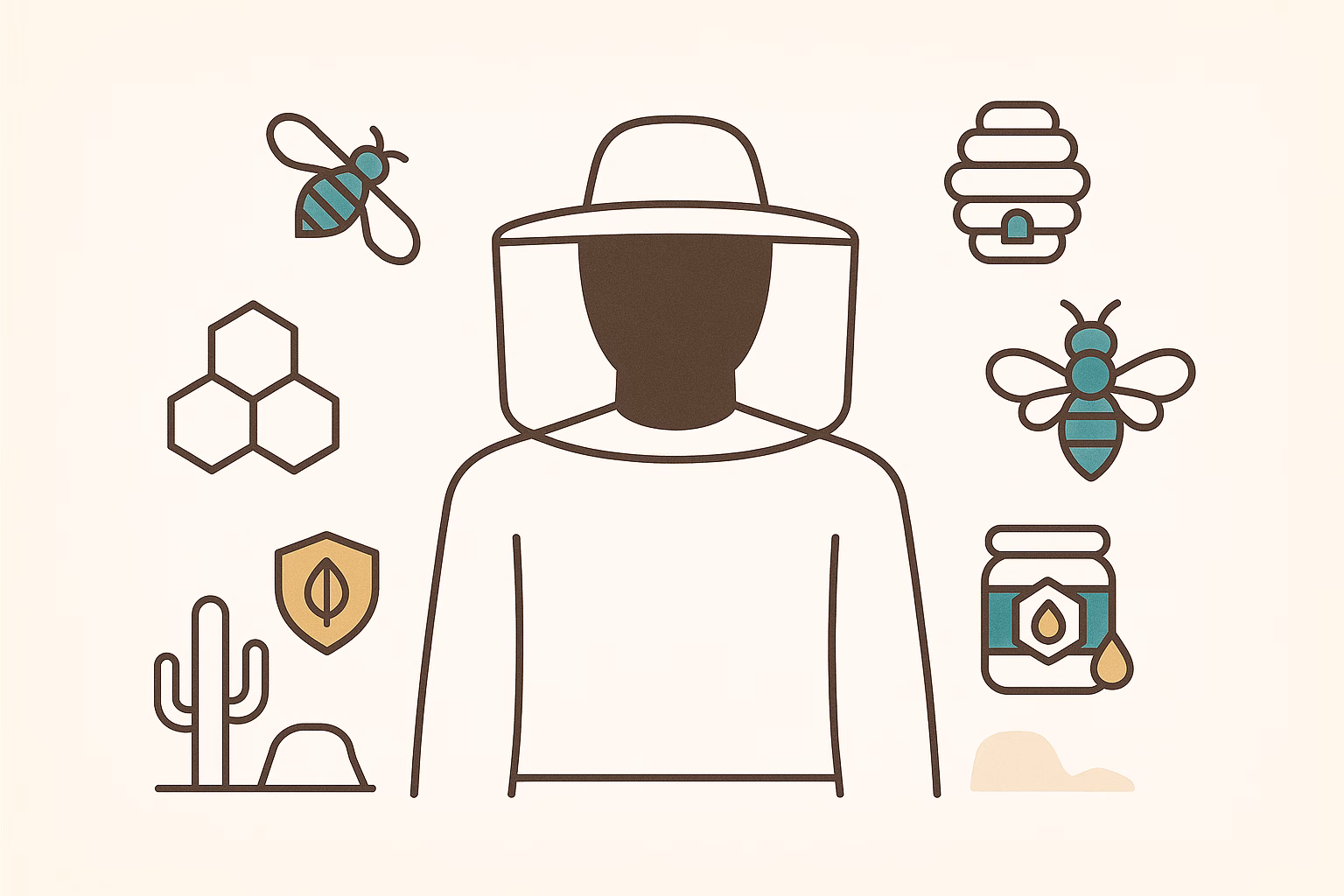 Beekeeper wearing protective gear, surrounded by icons of honey, bees, and a cactus, highlighting monsoon pests.