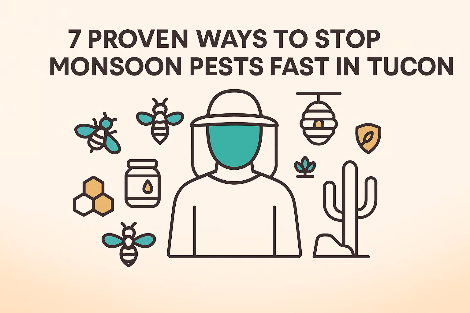 7 ways to stop monsoon pests fast in Tucson, featuring bees, a jar of honey, and a person in protective gear.