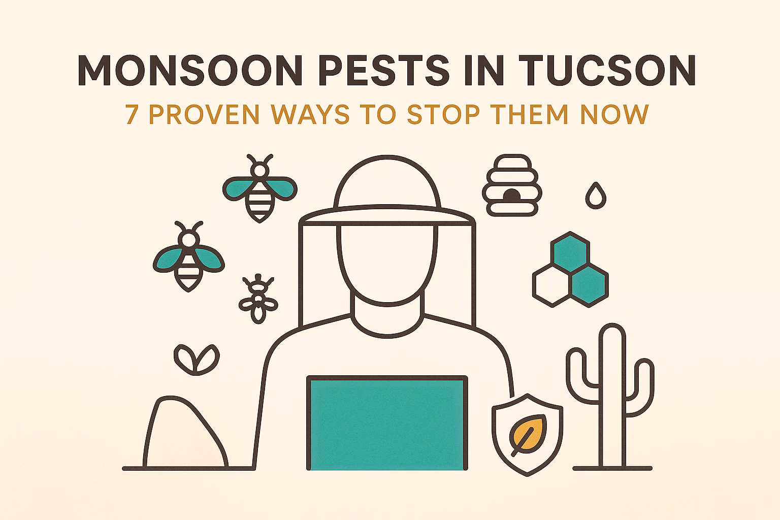 Monsoon pests in Tucson illustrated with a figure, bees, and cacti, highlighting seven pest prevention tips.