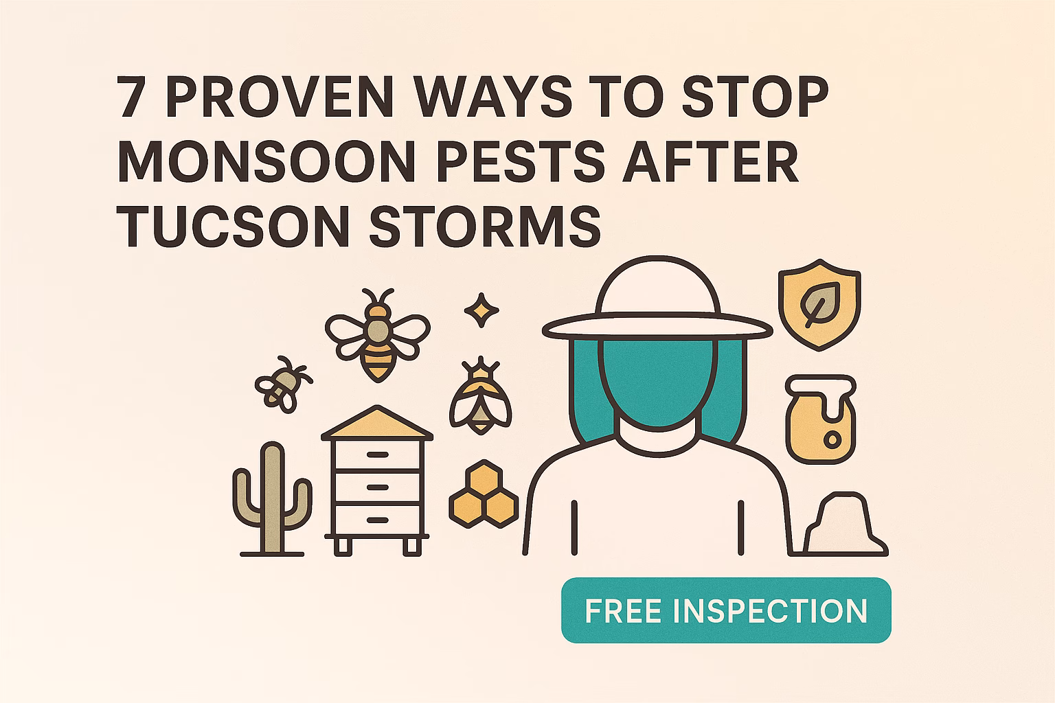 7 ways to stop monsoon pests after Tucson storms, featuring a person in a hat and various pest-related icons. Free inspection.