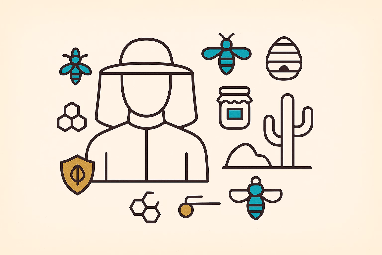 Illustration of monsoon pests, featuring a beekeeping figure, bees, honey, a hive, and a cactus.