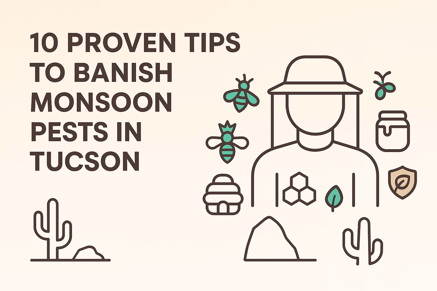 10 tips for banishing monsoon pests in Tucson, featuring a figure and related pest icons.