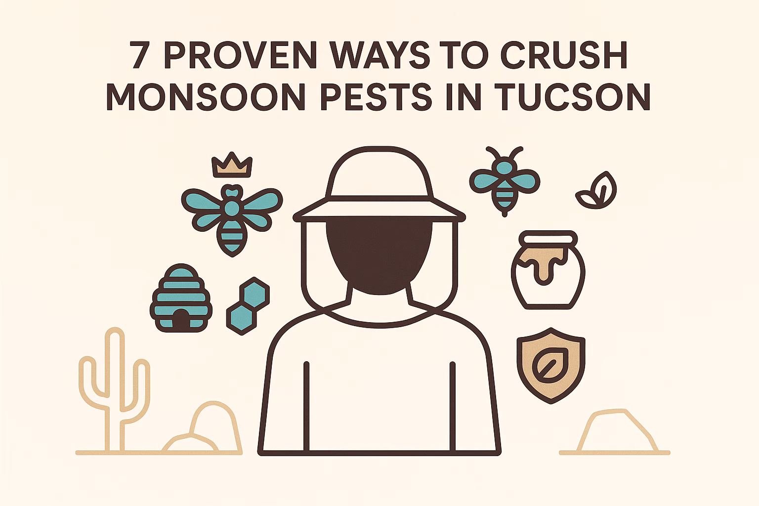 7 ways to crush monsoon pests in Tucson, featuring icons of bees, hives, honey, and a person wearing a sun hat.