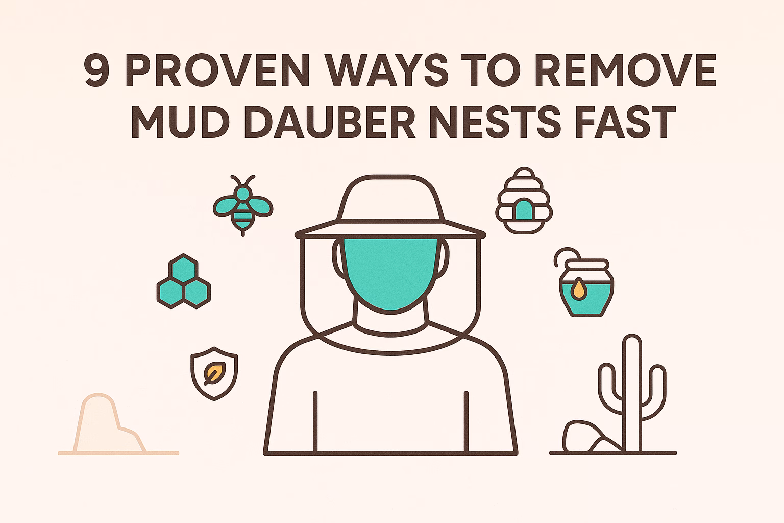 9 proven ways to remove mud dauber nests fast, with illustrations of bees, tools, and desert elements.