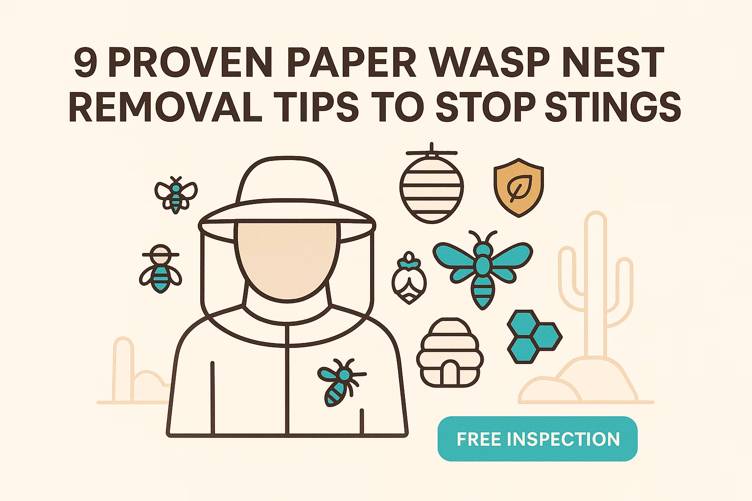 9 proven paper wasp nest removal tips to prevent stings, featuring a beekeeper and various wasp icons. Free inspection offer.