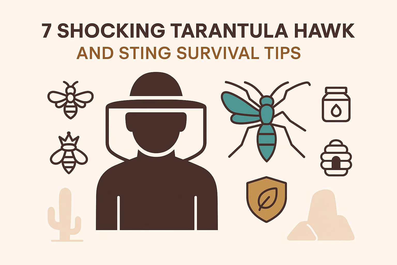 7 shocking tarantula hawk and sting survival tips with illustrations of insects, a person in protective gear, and cacti.
