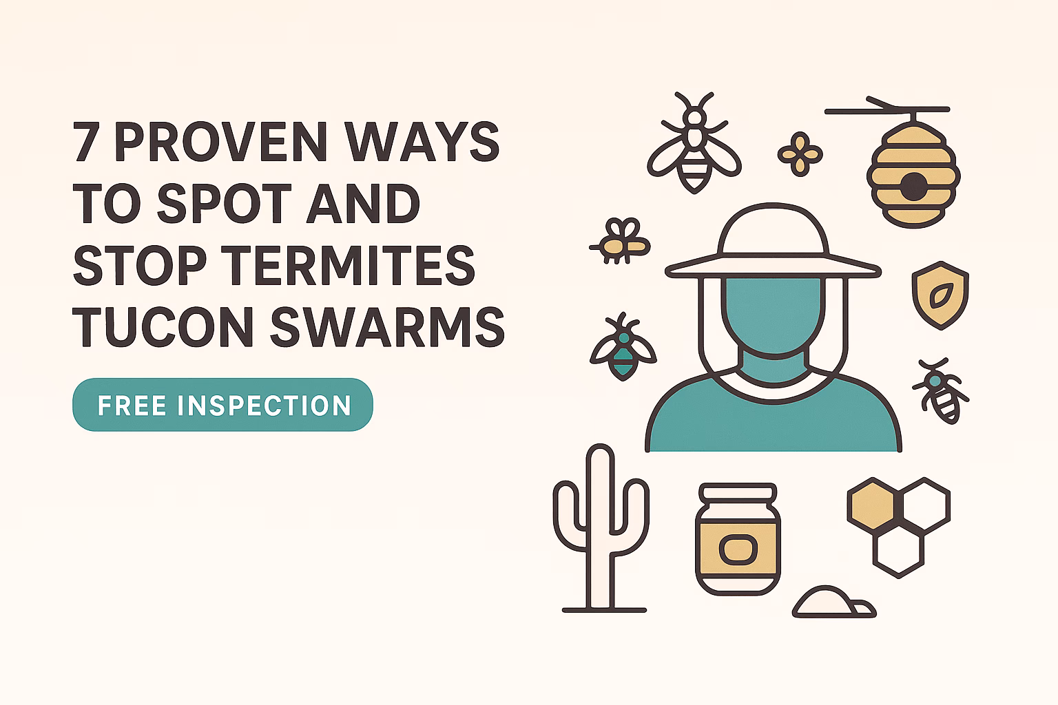 7 ways to spot and stop termites Tucson swarms; features free inspection offer and illustrations of bees, a cactus, and a beekeeper.