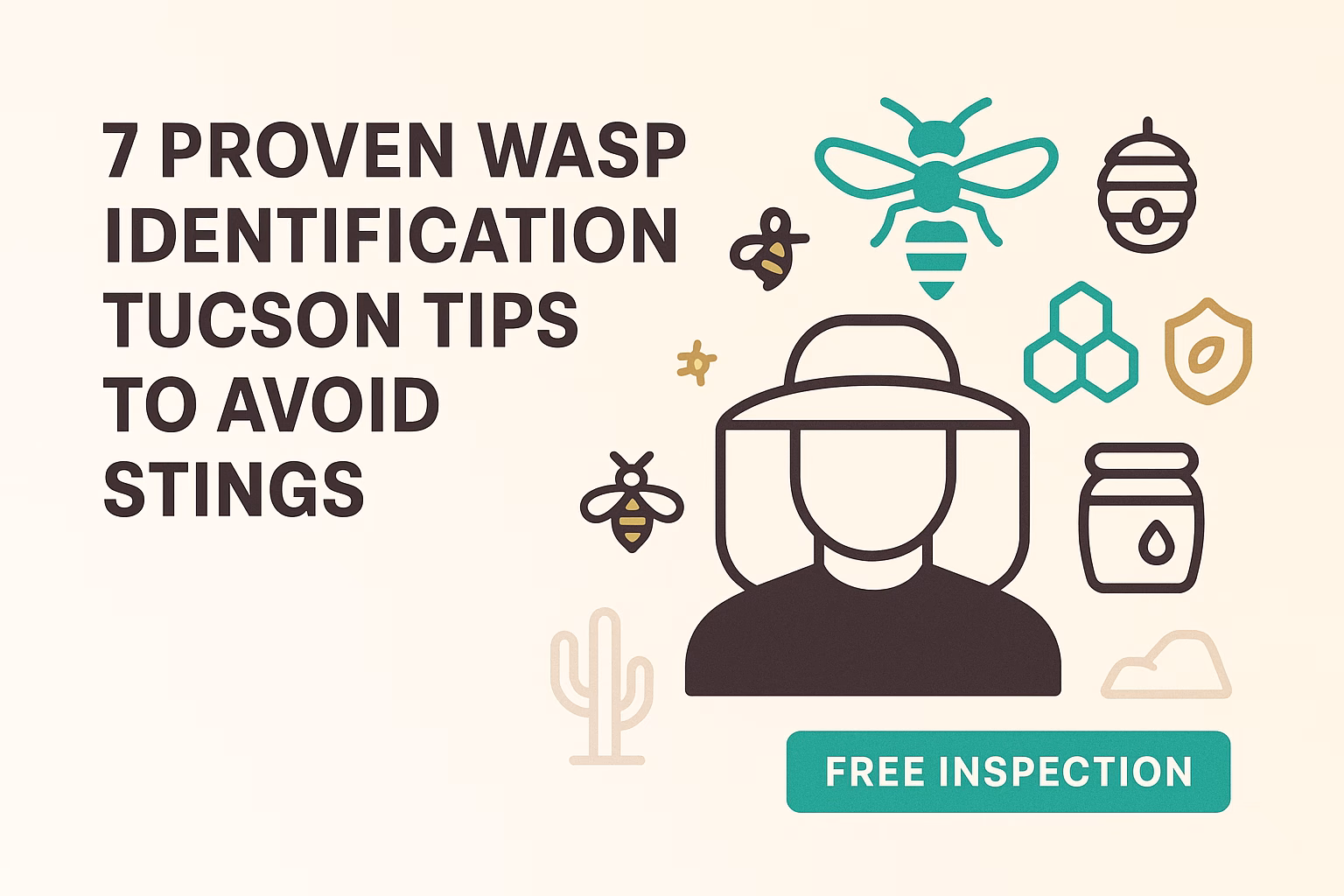 7 proven wasp identification Tucson tips, featuring a person in protective gear and icons related to bees and honey.