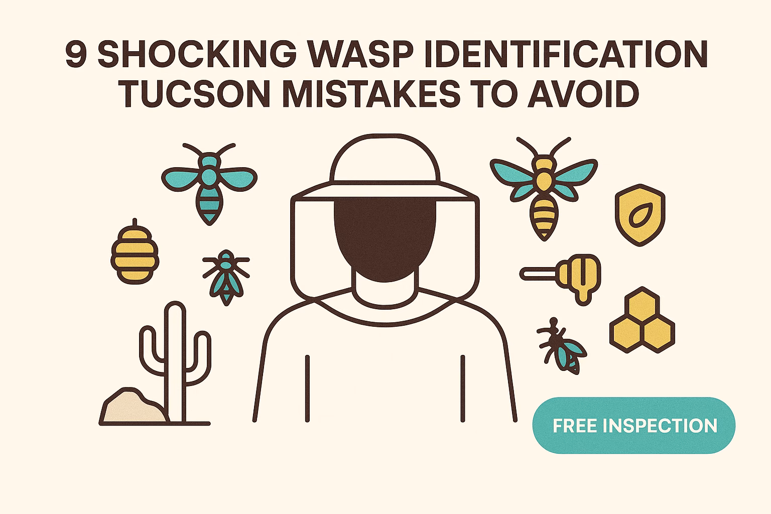 9 shocking wasp identification Tucson mistakes to avoid, featuring a person in protective gear with bees and cacti illustrations.