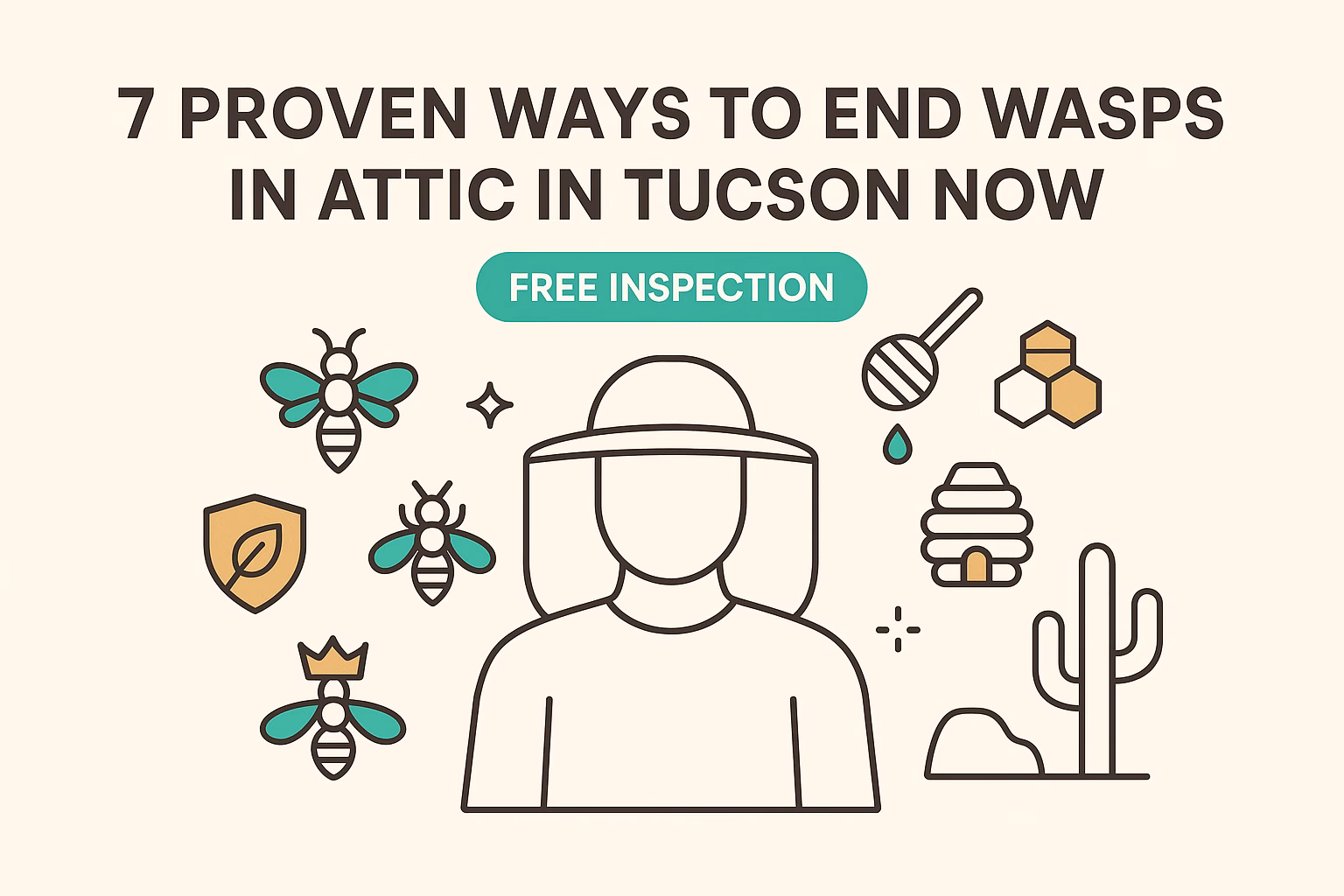 7 proven ways to end wasps in attic in Tucson, featuring free inspection and icons of bees, honey, and attics.