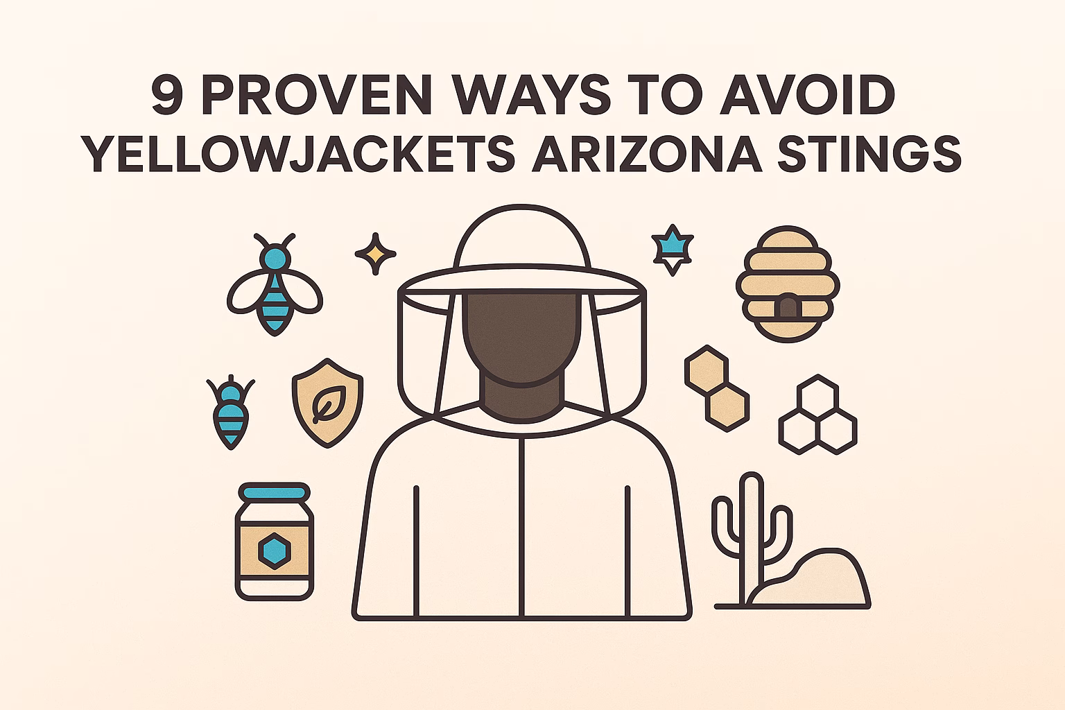 9 proven ways to avoid yellowjackets Arizona stings, featuring icons of bees, honeycomb, and protective gear.